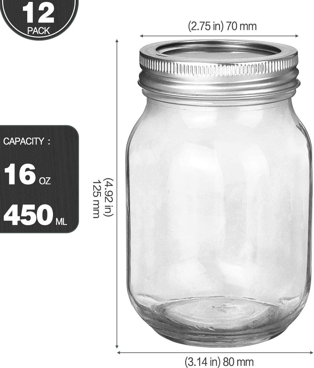 QAPPDA 16 oz Glass Jars With Lids, Wide Mouth Ball Mason Jars,Glass Storage  Jars For Food,Canning Jars For Pickles,Herb,Jelly,Jams,Honey,Kitchen