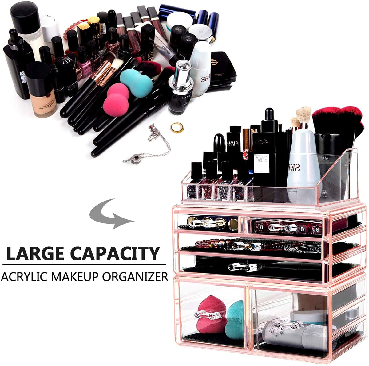 GN109 2 Pack 3 Section Drawer Organizer, Acrylic Makeup Drawer