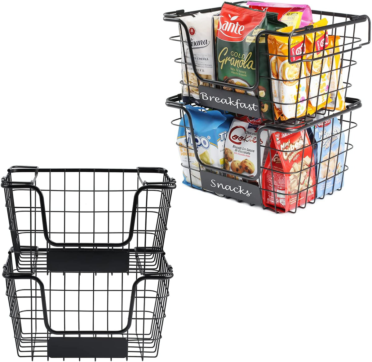 4 Pack [ XL Large ] STACKABLE Wire Baskets for Organizing - Pantry Storage  and Organization Metal Bins for Produce, Food, Fruit - Kitchen Bathroom  Closet Cabine…