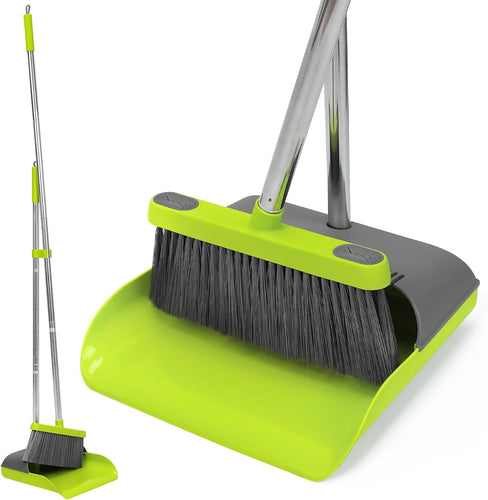 Broom and Standing Dustpan Set 50” Angle Broom with Long Handle Dust Pans for Kitchen Classroom Office Floor Sweeping-Green