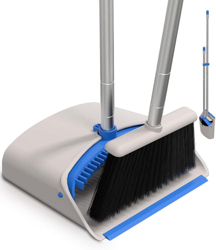 Broom and Dustpan Set，Broom with Dustpan Combo Set, Stand up Dust Pans with Long Handle-Blue