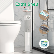 Load image into Gallery viewer, Freestanding Toilet Paper Holder with Shelf and Reserve for Small Bathroom Storage, Holds 5 Mega Rolls/Phone/Wipes Nickel