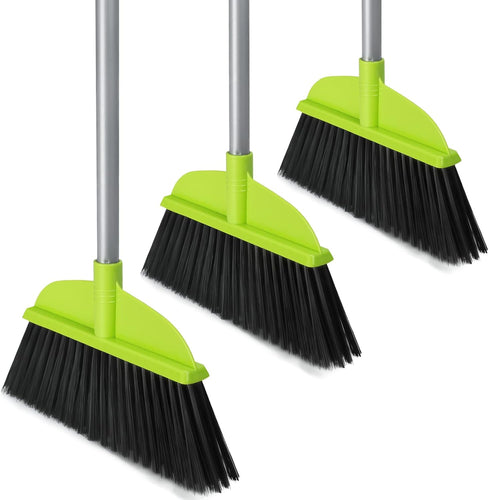 3 Packs Indoor Brooms for Sweeping Hardwood Floor Green Angle Broom with 55” Long Handle for Kitchenette Floor Cleaning