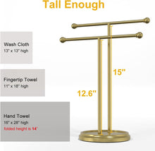 Load image into Gallery viewer, 15” Standing Hand Towel Holder with Heavy Base Gold Towel Rack for Bathroom Vanity Countertop Stainless Steel Towel Holder Free Standing Towel Ring Hardware Accessories