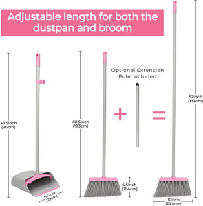 Pink Broom with Dustpan Combo Set，52" Brooms for Sweeping Indoor Broom and Dustpan Set for Home Kitchen Office Lobby Floor Standing Dust Pan