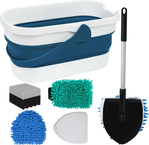 Car Wash Kit with Bucket Portable Car Detailing Kit with Foldable Bucket, Chenille Wash Mitt, Tire Dressing Applicator Pad, Car Window Cleaning Tool with 2 Replacement Pads