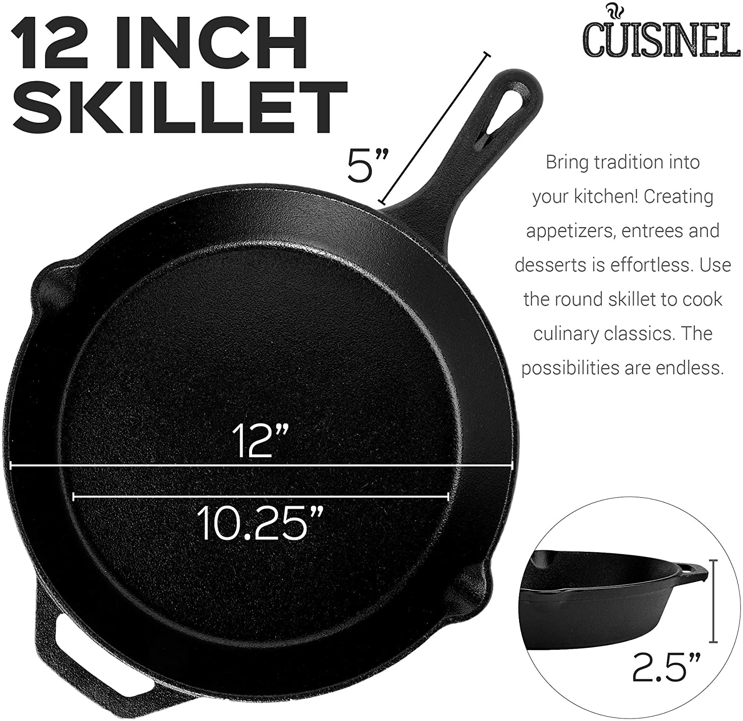 Cuisinel 12 inch Pre Seasoned Cast Iron Skillet Cookware with Lid & Handle Cover, Black