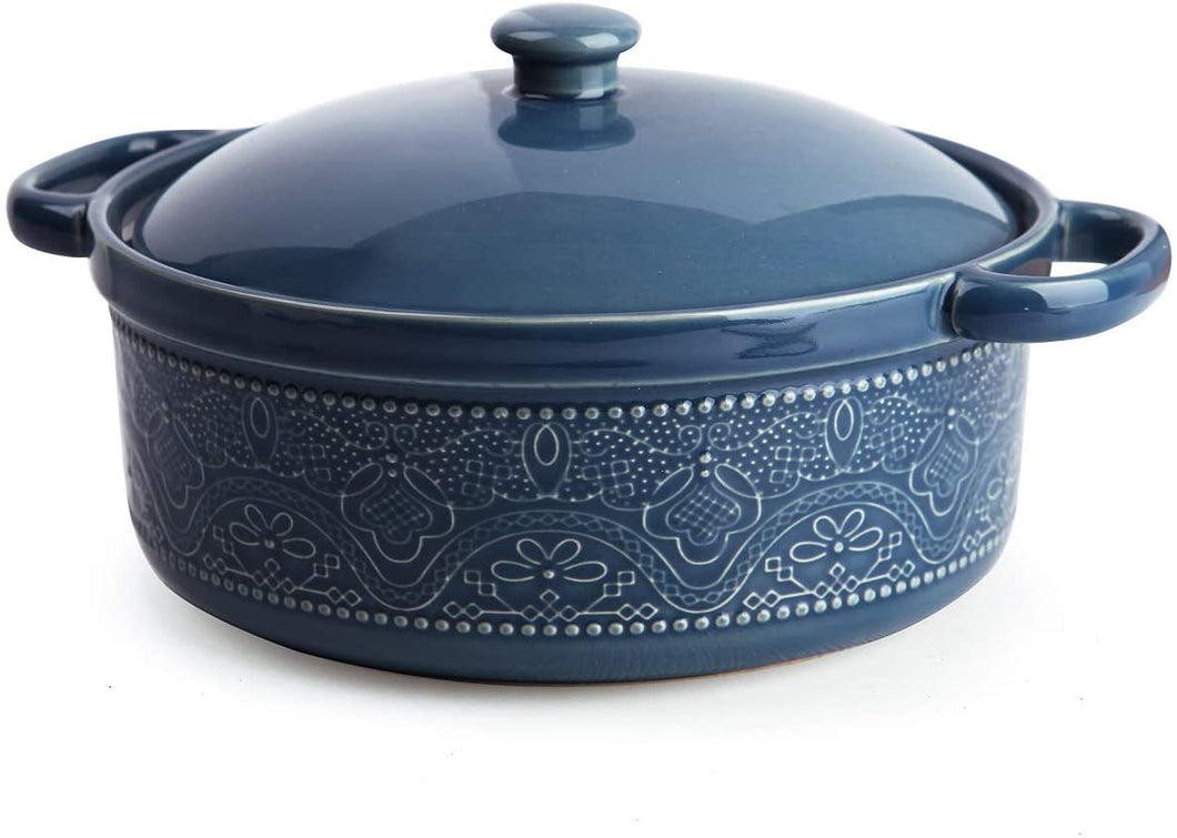 FUN ELEMENTS Lace Emboss Casserole Dish with Lid, 2 Quart Oven to Table  Ceramic Round Serving Dish with Handles for Dinner and Party(Grayish Blue)