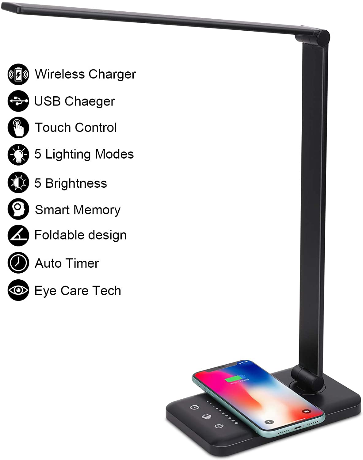 Foldable Desk Lamp with Wireless Charger & USB Port