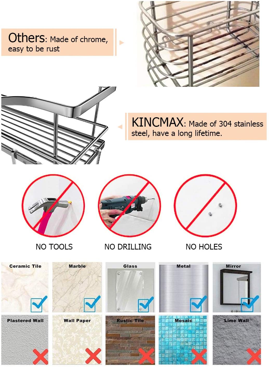  KINCMAX Shower Caddies (2 Pack), Rustproof Stainless