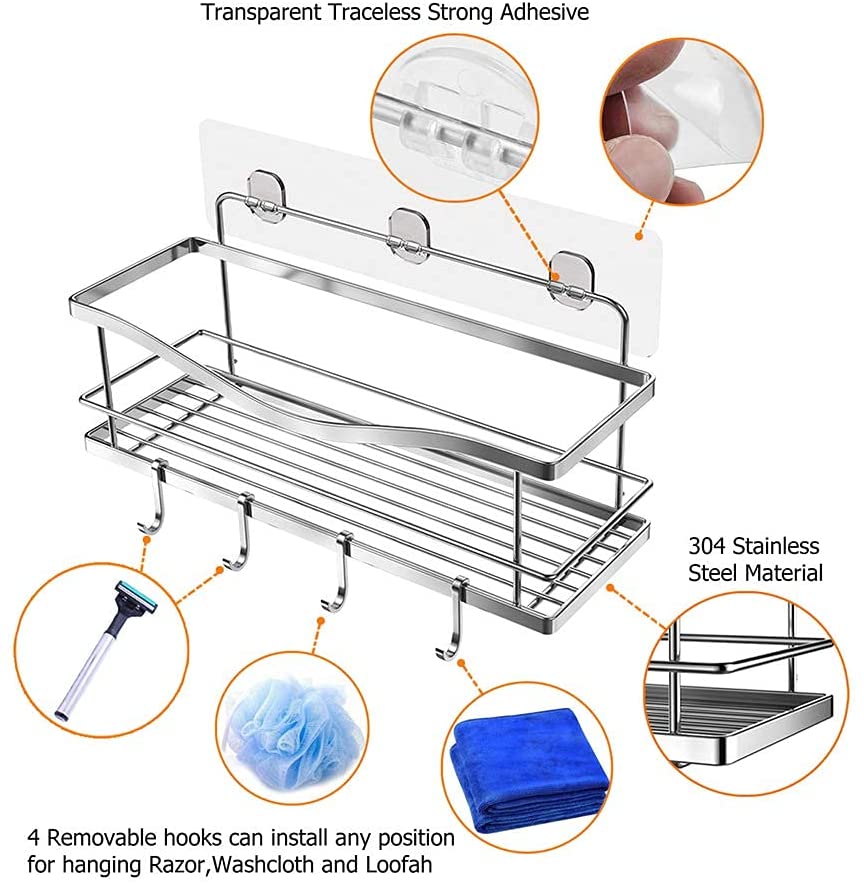 2-Pack Shower Caddy Basket Bathroom Shelf with Hook, No Drilling