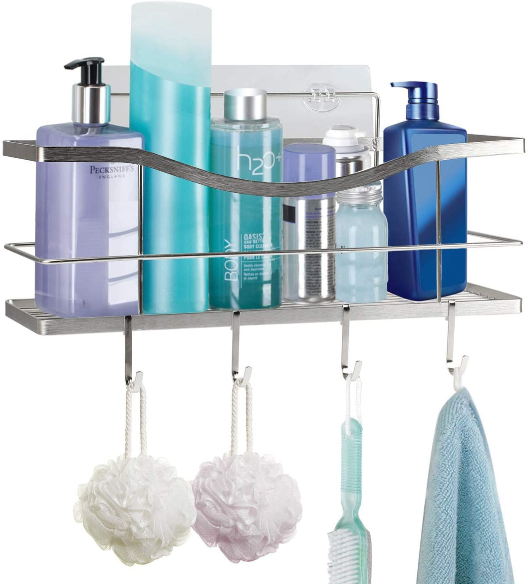Suction Shower Caddy With 4 Hooks, Bathroom Shower Basket Wall Mounted  White