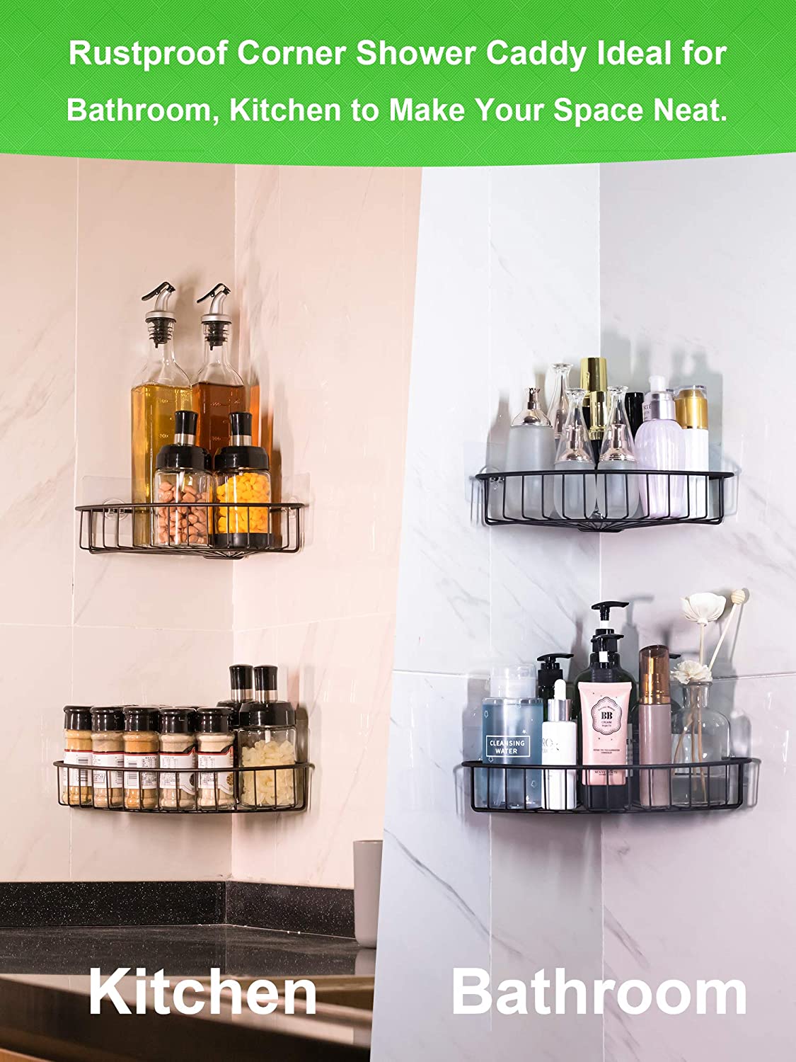 Shower Organizer Storage, Bathroom Shelves, Trolley With Adhesive Sticker  Rustproof Stainless Steel Kitchen And Bathroom - Adhesive Sticker Included  (Black) 